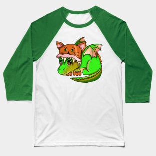 Cute Green Baby Dragon Wearing a Cat Hat Baseball T-Shirt